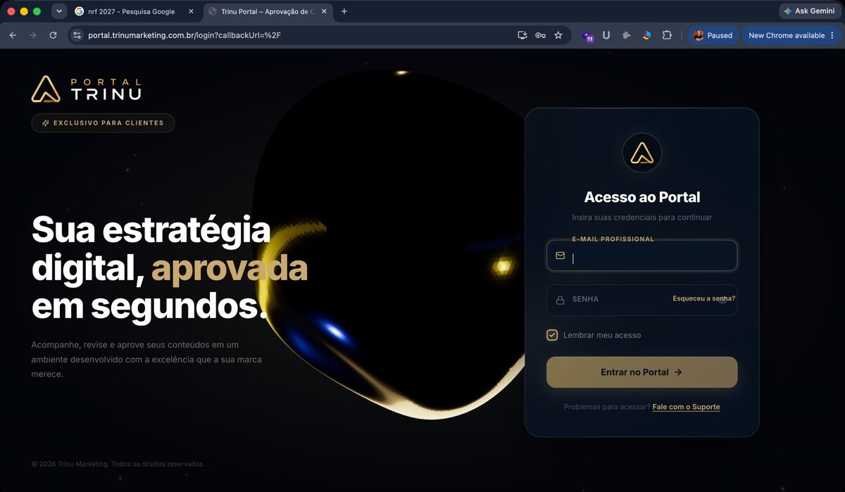Tela do Portal Trinu, sistema de gestão da agência